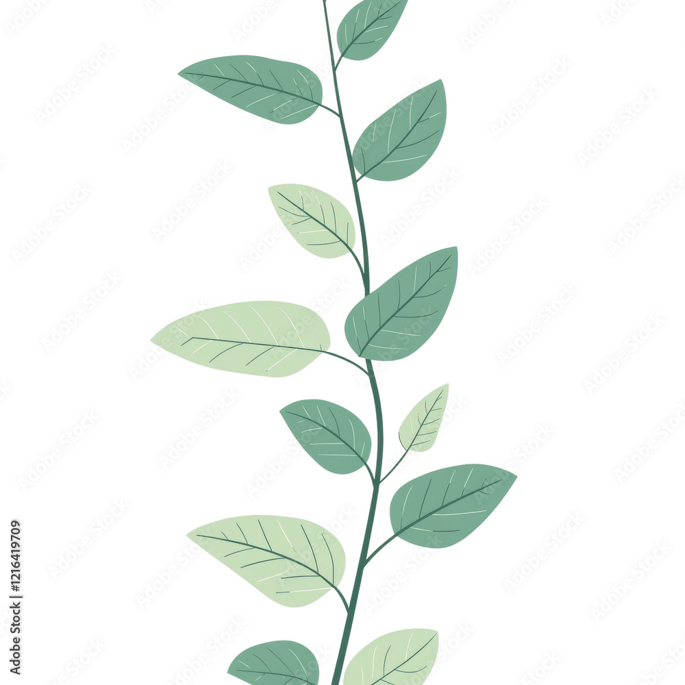 Poster a stylized illustration of a single plant stem with multiple light and dark green leaves arranged ve