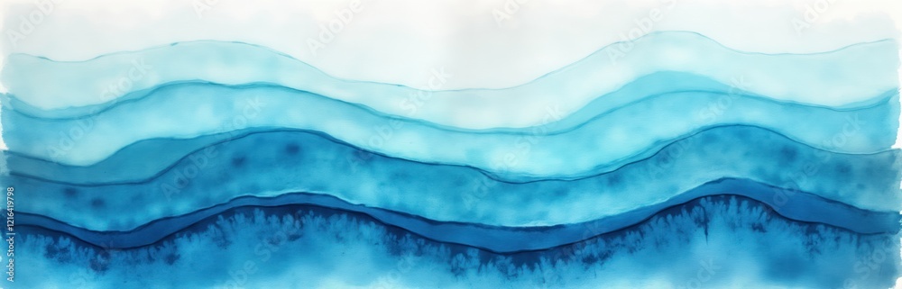 Poster abstract watercolor painting shows layered blue, azure tones creating wavy pattern reminiscent of oc