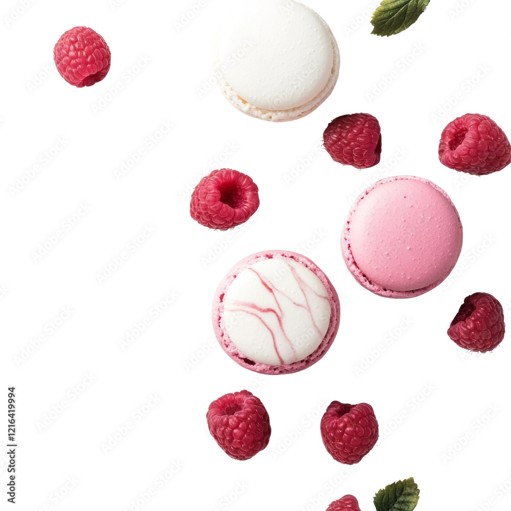 Poster A visually appealing image showcasing pink and white macarons and raspberries seemingly falling against a black backdrop.