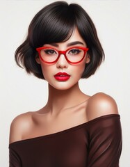 studio portrait of a brunette woman wearing red fashion eyeglasses and a brown dress with nude shoulders on a white background, eyewear collection