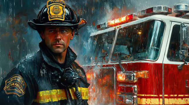 dramatic oil painting of new york city firefighter with firetruck in the rain capturing heroism and courage through impasto brushstrokes and dramatic lighting on a rainy night scene