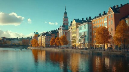 Naklejka premium Colorful autumn waterfront cityscape, tranquil river reflection, sunny day, tourism