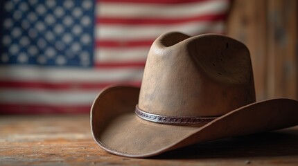 Brown cowboy hat on a wooden table with a blurred American flag in the background. Rustic Western theme with patriotic elements with copy space