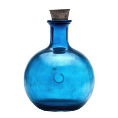 Blue glass bottle, cork, studio, white background, potion