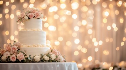 Elegant Wedding Cake:  A pristine three-tiered wedding cake adorned with delicate pink roses and cascading greenery stands as a centerpiece of celebration, bathed in warm, romantic candlelight.