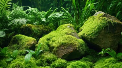 Moss Covered Rocks: A tranquil scene of mossy rocks nestled amongst lush greenery. The soft, verdant hues create a calming and serene atmosphere, evoking feelings of peace and tranquility. 