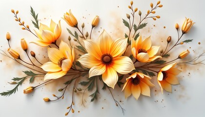 Abstract floral artwork featuring burst of gold flowers on white background. Detailed flower design with textured petals. Elegant, sophisticated design. Suitable for home decor wallpaper. Vivid
