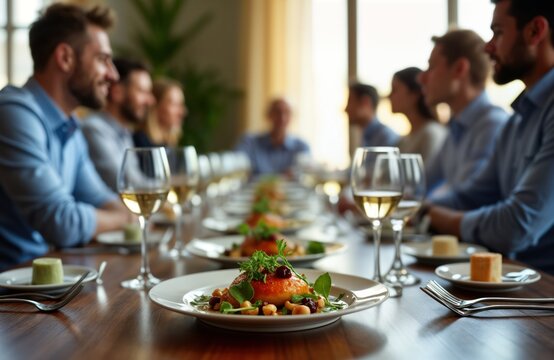 Diverse group of business colleagues enjoys fine dining lunch meeting in office restaurant. Sit together at long table. Food looks delicious, expensive. People smiling, talking. Happy atmosphere