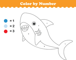 Color by numbers. Coloring page for kids. Coloring with cute shark. Vector illustration