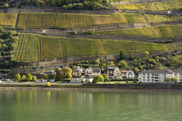 Green fields on the hill in the daylight in the summer. Little European village near the river with green hills