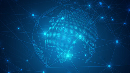 Black blue tech futuristic background. Abstract vector. Sunrise. World map. Global social network. Blue futuristic background with planet Earth.  © King Designz