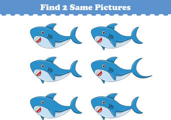 Funny cartoon shark. Find two same pictures. Educational game for children. Cartoon vector illustration