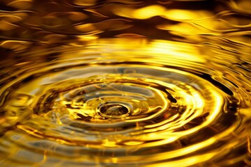 Golden liquid surface creating circular waves, caused by a drop impacting the water