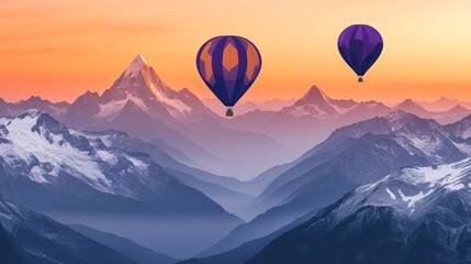 Fototapeta premium Two hot air balloons soaring over majestic snow-capped mountains at sunset