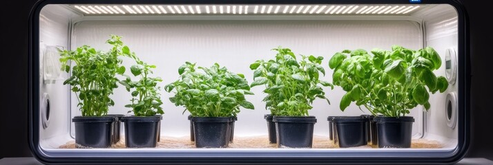 Indoor basil plants grow under LED lights.  Home gardening