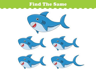 Funny cartoon shark. Find same pictures. Educational game for children. Cartoon vector illustration