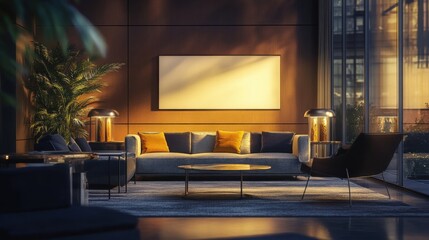 a living room with a couch, chair, table and lamp