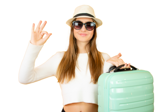 Traveler teenager holding a suitcase isolated on transparent background in vacation with suitcase. PNG transparent.