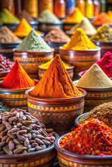 Fototapeta premium Colorful spice market display with turmeric and paprika