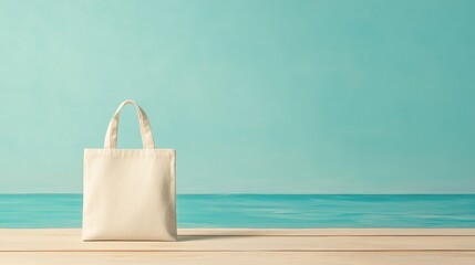 Minimalistic cotton tote bag on wooden deck against tranquil ocean and sky backdrop