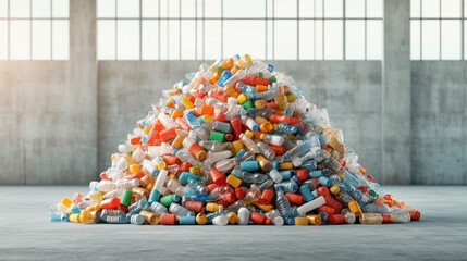 Large pile of colorful plastic bottles in industrial setting for recycling concept