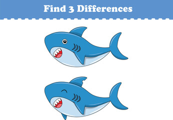 Education game for children find three differences between two sharks animal cartoon. Vector illustration