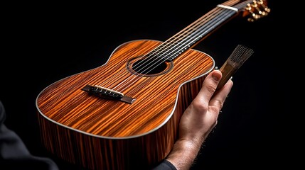 Fototapeta premium Hands holding a wooden guitar, cleaning; dark background; music instrument care