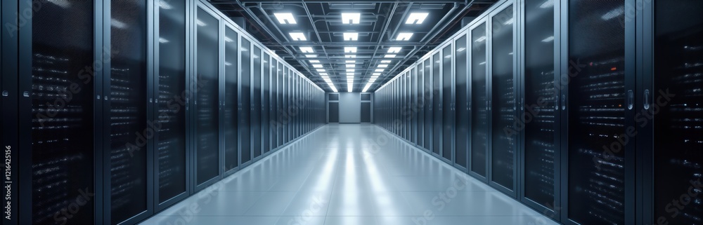 Poster Modern data center interior shows rows of server racks. Bright fluorescent lights illuminate tech facility. Advanced cooling systems ensure efficiency. Network infrastructure evident. High tech