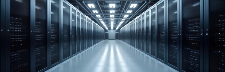 Modern data center interior shows rows of server racks. Bright fluorescent lights illuminate tech facility. Advanced cooling systems ensure efficiency. Network infrastructure evident. High tech