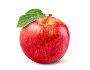 Fresh red Apple with green leaf isolated on white background. Clipping path.