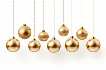 Golden christmas balls are hanging on strings against a white background, creating a festive holiday atmosphere