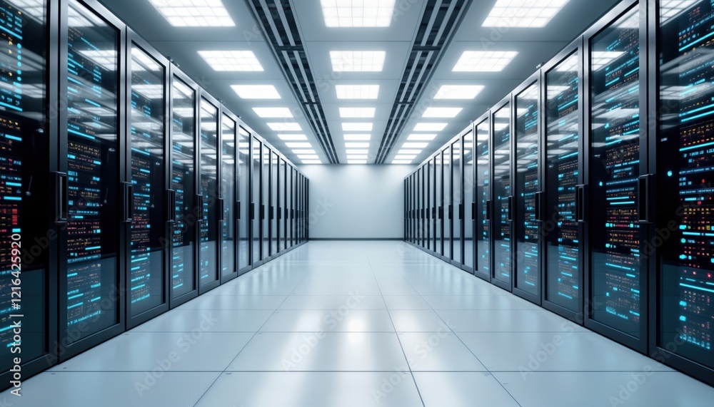 Poster modern server room with neatly organized racks, equipment. soft white lighting creates tech-savvy en