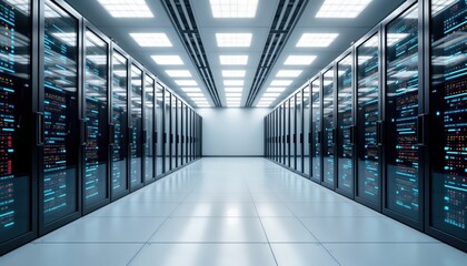 Modern server room with neatly organized racks, equipment. Soft white lighting creates tech-savvy environment. Rows of server racks visible from aerial view. Organized cabling, tech equipment suggest