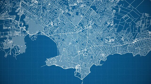 Ink reveal animation of Montevideo city, Uruguay, grid map. Aerial top view. Blueprint style. White lines with blue background. 4K Seamless loop.