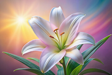 Naklejka premium White lily glowing in soft sunlight with vibrant background