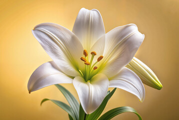 Obraz premium Single white lily against golden yellow background in soft focus