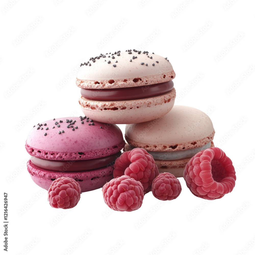 Poster a visually appealing arrangement of pink and purple macarons with raspberry filling, accompanied by 