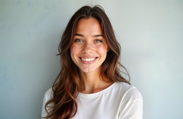 Fototapeta premium Young woman with beautiful smile poses in front of gray studio backdrop. Attractive female model displays natural beauty. Studio portrait captures happiness, positive emotion. Casual white top