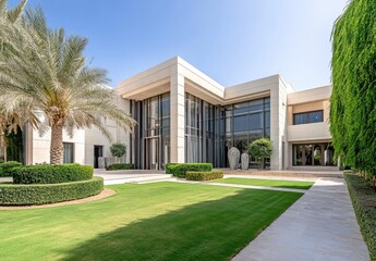 A modern, contemporary villa in Dubai features white and gray concrete walls with glass windows and doors