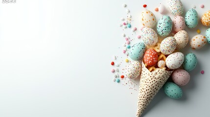 Top view and flat lay of conceptual arrangement decoration for Happy Easter holiday on white background. Colorful pastel eggs and topping spill out of the waffle horn with copy space. 