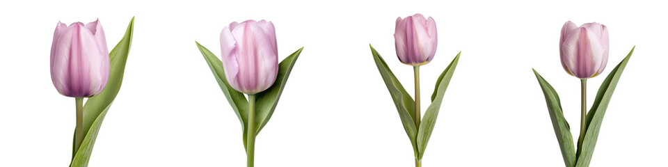 Fototapeta premium Closeup of a bouquet of beautiful pink tulips with lush green leaves on a plain white studio background Spring flowers blooming in the garden