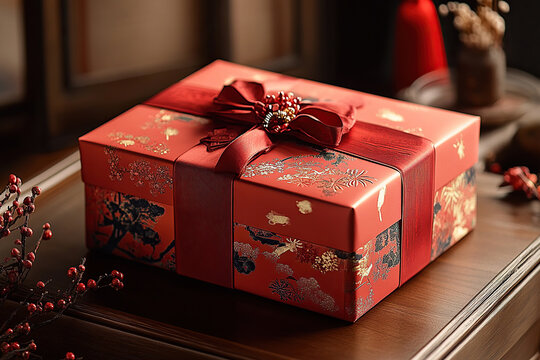 Gift red box with ribbon on wooden table. Chinese New Year concept. Generated by artificial intelligence - Powered by Adobe