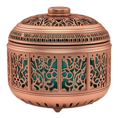 Copper aroma diffuser, ornate, teal light, white background, home fragrance