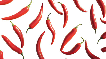 A pattern of multiple red chili peppers falling on a black background, showcasing their vibrant color and glossy texture.