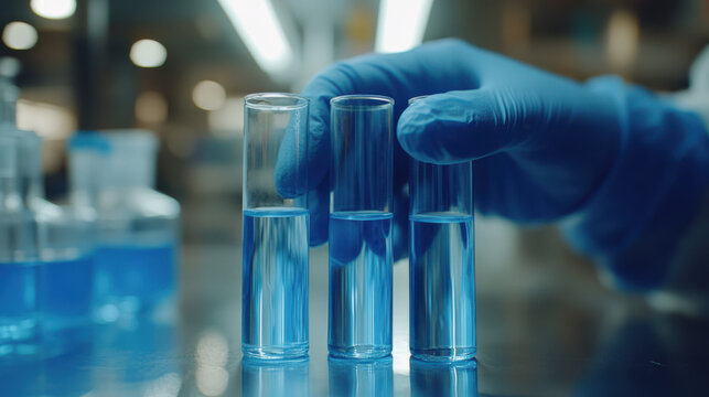 A scientist in gloves carefully handles test tubes filled with blue liquid in a laboratory setting. - Powered by Adobe