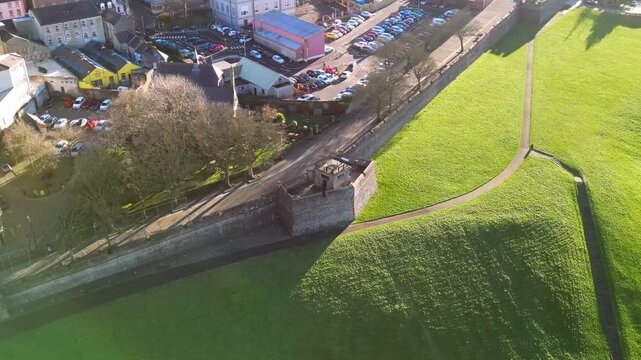 Aerial of The Derry Walls in Derry-Londonderry, Northern Ireland on a bright sunny day. Filmed in 4K at 30fps with Rec709 color.
