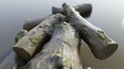 Obraz premium Mossy logs on calm water, nature background, website design