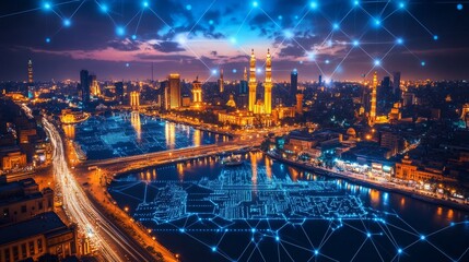 Cairo, Egypt. A Futuristic Network Of Connections Over Landmark Buildings And Cityscape At Night. © Ilja