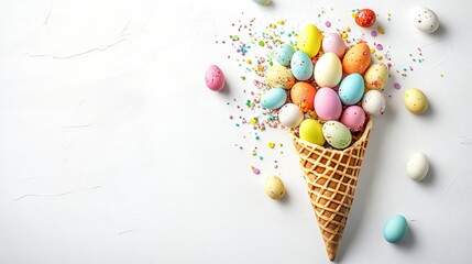 Top view and flat lay of conceptual arrangement decoration for Happy Easter holiday on white background. Colorful pastel eggs and topping spill out of the waffle horn with copy space. 