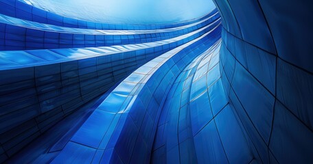 A dynamic, flowing structure with blue tones, showcasing modern architectural design.